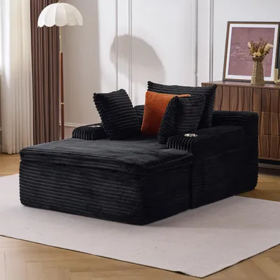 Productafbeelding van Slaapbank zonder voetsteun, loungebank met chaise longue, woonkamerbank met 3 kussens en 1 deken, geen montage nodig, zwart