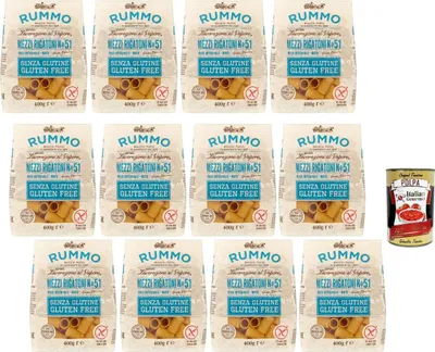 Produktbild von Rummo Mezzi Rigatoni Glutenfrei 12x400g bronzen gezogen Mais & Vollkornreis Pasta ohne Gluten für italienische Gerichte Vorratspack + Italian Gourmet polpa