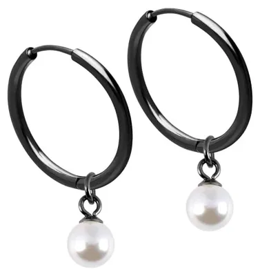 Produktbild von Chirurgenstahl Ohrclicker Creolen SYNTHETISCHE PERLE Schwarz Innendurchmesser: 14 mm