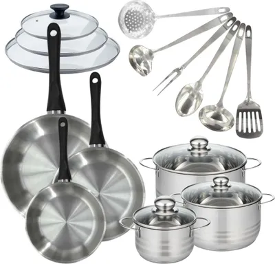 Image de Set de 3 poêles 20, 24, 28 cm inox, couvercles verre, 3 faitouts inox 16, 20 et 24 cm et 6 ustensiles inox Fackelmann Geneva
