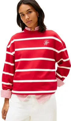 Obrázok produktu pre Tommy Hilfiger, dámska mikina, model Script Modern s logom vyšitým, červená (základná farba)