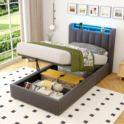 Produktbild von MODFU Boxspringbett Jugendbett 90x200 mit LED und Steckdosen,Polsterbett mit Bettkasten,Stauraumbett,ohne Matratze,Grau