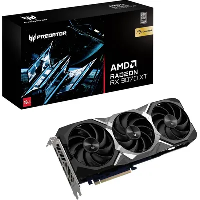 A product shot of a graphics card and its packaging.