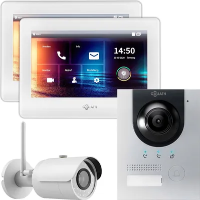Produktbild von GOLIATH IP Unterputz Video Türsprechanlage Set + Kamera für 1 Familienhaus (Silber 180° Türstation, 7" Touchscreen Monitor Weiß, IP WLAN Außenkamera, App)