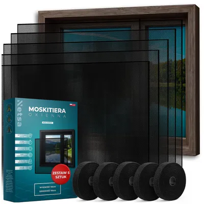 Produktbild von Netsa | 5er Set Fenster-Moskitonetz 130x150 cm Schwarz – Fliegengitter Für Fenster – Zuschneidbar Mit Klettband