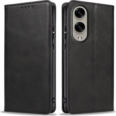 A black leather flip case for a smartphone is shown from two angles, front and back.