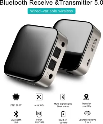 Obrázek produktu pro Bluetooth 5.0 Audio přijímač Vysílač 2 IN 1 3,5mm AUX Jack RCA Stereo Hudební bezdrátový adaptér pro TV PC Reproduktory do auta černý