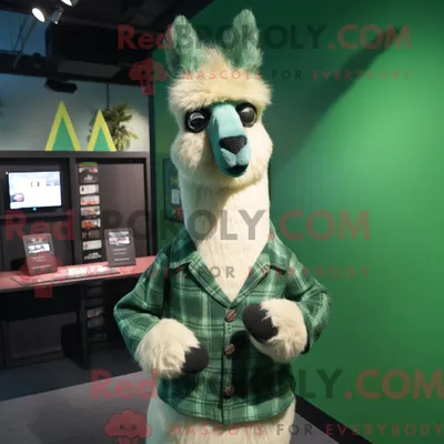 Produktbild von Maskottchenfigur REDBROKOLY eines waldgrünen Lamas mit Button-Up-Hemd und Ohrringen