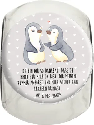 Produktbild von Mr. & Mrs. Panda Bonboniere Pinguine trösten XL 2000ml - Grau Pastell - Geschenk, Hochzeitstag, Glasdose, für Freundin, Freund, keksdose glas, Valentinstag, Vorratsglas