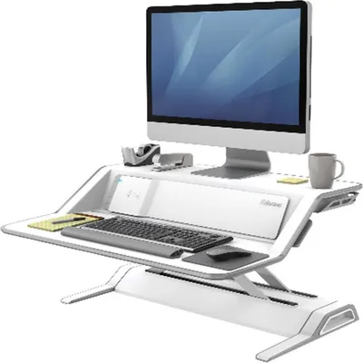 Produktbild von Fellowes höhenverstellbarer Sitz-Steh Schreibtischaufsatz Lotus DX, stufenlos höhenverstellbar mit SmoothLift, zwei Plattformen, Qi-Ladepad und USB Ports, antibakterieller Microban Schutz, weiß