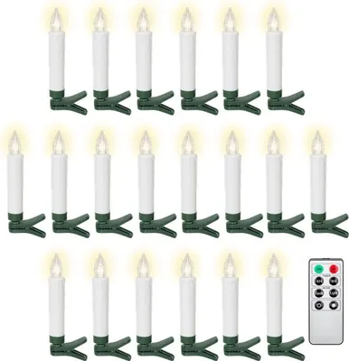 Produktbild von 20 kabellose LED-Weihnachtsbaumkerzen mit Klemmen, Fernbedienung und Timerfunktion, dimmbar, warmweiß (2600 K)