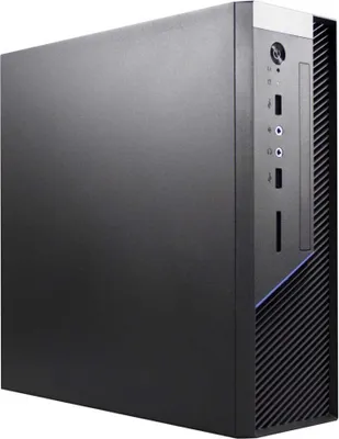 A black computer tower case is shown from a diagonal angle.