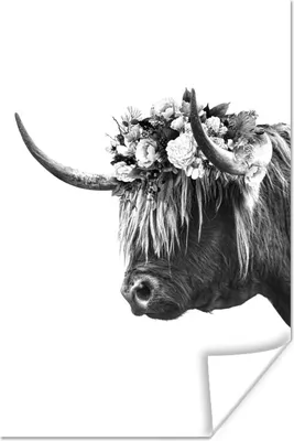 Produktbild von MuchoWow® Poster Schottischer Highlander mit Blumen - schwarz und weiß 20x30 cm - Papierdruck