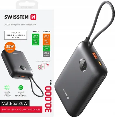 The image shows the packaging and the product itself, a black Swissten VoltBox 35W power bank with integrated cables.