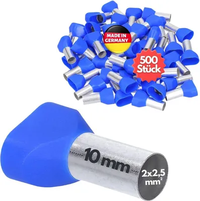 Image de 500 pièces Kalitec AET2510BL Embouts isolés pour câbles à deux conducteurs 2x2,5 mm² 10 mm de long bleu I Fabriqué en Allemagne I Qualité industrielle