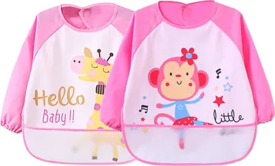 Produktbild von 2 Pack Wasserdicht Ärmellätzchen abwaschbar latz mit ärmel lätzchen mit auffangschale Ärmellätzchen mit Nässeschutz - Essen und Play Smock Schürze für Kleinkinder für 6-36 Monate Kinder