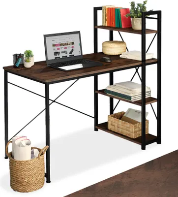 A computer desk with a bookshelf attached, set against a white background.