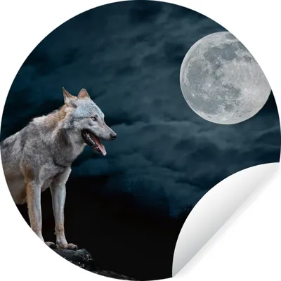 Produktbild von MuchoWow® Runde Wandtattoo - Wandsticker Tapete Aufkleber Wolf - Mond - Nacht - Tiere - Porträt Ø 100 cm Selbstklebend und Repositionierbar - Wandaufkleber - Kreis - Tapetenkreis - Wandbild rund - Schlafzimmerdekoration - Wanddeko - runde Tapete - Kunst für zu Hause