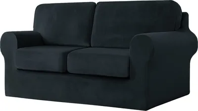 Produktbild von (Schwarz) 5-teiliger Stretch-Sofabezug, 2-Sitzer-Couchbezug mit separaten Rückenlehnen und Kissen mit Gummiband