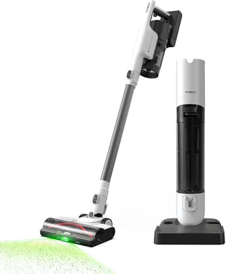 A Tineco cordless vacuum cleaner and its charging station are displayed against a white background.