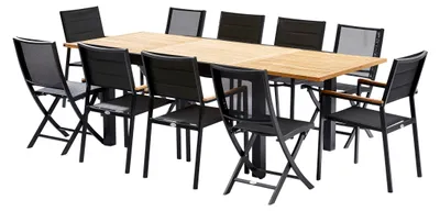 Image de Ensemble BALITECK 6/10p en aluminium noir, plateau en Teck avec 6 fauteuils