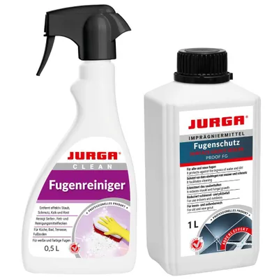 Produktbild von Jurga Fugenreiniger 0,5L & Fugenimprägnierung 1L, FÜR ALLE ZEMENTFUGEN, Fugenset 2in1 Pflege & Schutz, Fugenschutz für Bad, Küche, Dusche, Terrasse