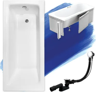 Zdjęcie produktu dla Wanna Akrylowa Zestaw 4w1 Prostokątna 100x70 Biała + Zabudowa Styropianowa, Nowoczesny Premium Syfon i Nogi (stelaż) w komplecie | BADLAND TALIA