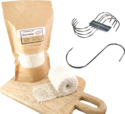 Produktbild von Fleischnetz 150mm / 10m + Fleischhaken x 5 - Schinkennetz, Räuchernetz, Fleischhaken