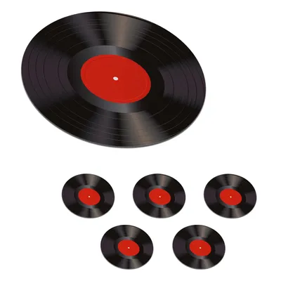 Obrázok produktu pre MuchoWow® Okrúhly sklenený podšálok, sada 6 ks Vinyl LP - Platne - Červená - Vintage - Elpee 10x10x0.3cm Podložky pod poháre - podložky pod nápoje -