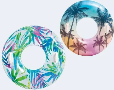 Produktbild von INTEX Schwimmring Sommer Träume, 97 cm, mit Griffen, 0,25 mm Vinyl, bis 80 kg, Reparaturflicken, 3-fach sortiert tropische Designs