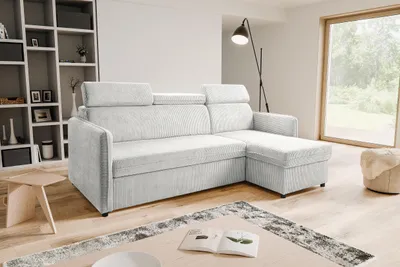 Produktbild von BARCELO MINI Universelles Ecksofa 220x140 cm L-Form mit: Schlaffunktion, Bettkasten & Verstellbare Kopfstützen, Hellgrau - Anafi 01 (Kordstoff)