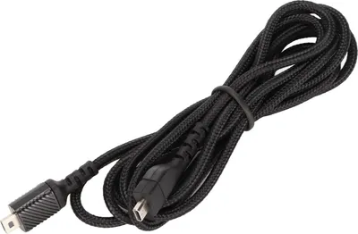 A black braided cable with two connectors, coiled and tied with a black band.