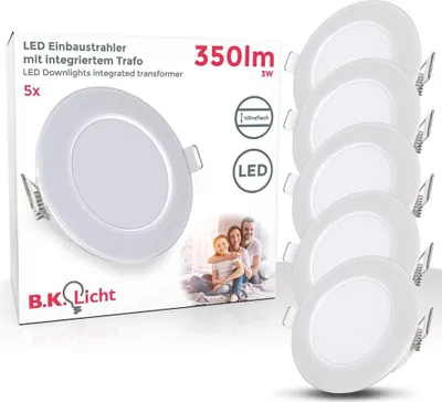 Produktbild von 5er Set LED Bad Einbaustrahler - flach, 230V, 5x 3W, IP65, neutralweiß, 86 mm, weiß