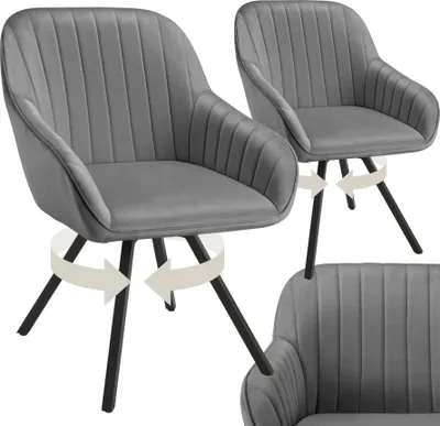 Multiple gray upholstered chairs are shown from different angles, with arrows indicating rotation.