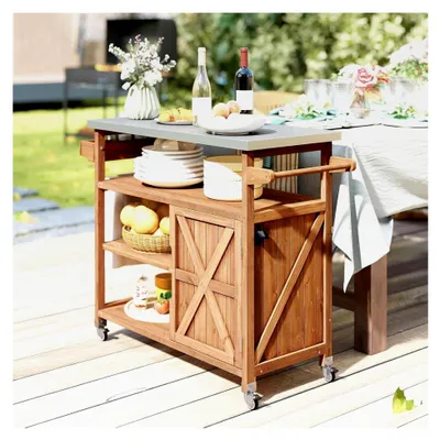 Produktbild von Grillwagen Servierwagen für den Außenbereich, Küchenwagen mit Rollen, Kücheninsel mit Edelstahl-Arbeitsplatte, Grill Beistelltisch mit Gewürzregal, Schrank und Handtuchhalter, BBQ Grillwagen, 118 x 47 x 92 cm