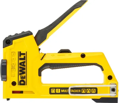 A yellow and black Dewalt multitacker stapler is shown against a white background.