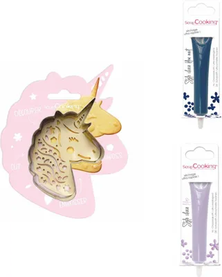 Produktbild von Einhorn-Relief-Keks-Set + 2 mitternachtsblaue und fliederfarbene Schokoladenstifte