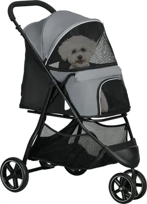 Image de PawHut Poussette buggy pour chien, poussette pour chat animaux de compagnie pliable, 2 laisses, roues EVA, guidon réglable, panier, 83 x 55 x 101 cm, gris