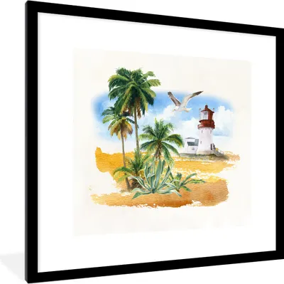 Produktbild von MuchoWow® MuchoWow® Gerahmtes Poster Leuchtturm - Palme - Vogel - Strand 40x40 cm - Poster mit zchwarzem Bilderrahmen - Poster - Plakat im Rahmen
