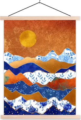 Produktbild von MuchoWow® Textilposter Delfter Blau - Muster - Gold 40x53 cm mit holzfarbenen Rahmen - Schlafzimmer