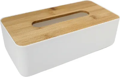 A white tissue box with a wooden lid.