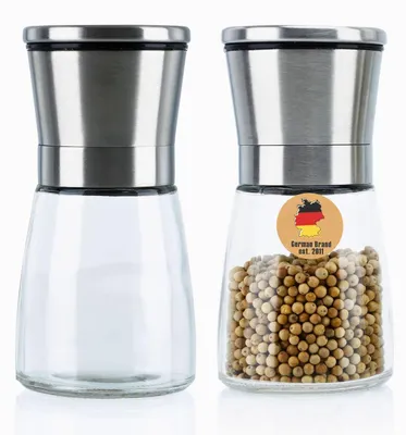 Obrázok produktu pre Intirilife Sada 2 mlynčekov na korenie SILVER TRANSPARENT - 2x mlynček Ručný mlynček zo skla a nehrdzavejúcej ocele do kuchyne dokonale vhodný na mletie a drvenie korenia, soli, korenia a mnohých ďalších vecí.