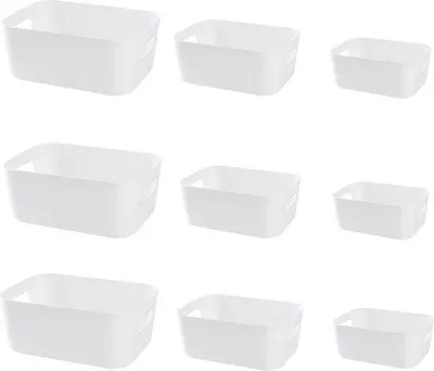 Produktbild von Unyqoos® Kunststoff-Aufbewahrungsboxen offen mit Griffen, 8-teilig – 4×30×20×12 cm + 4×24,5×16,5×10 cm, 7 Farben, Ordnungsboxen für Küche Bad Büro