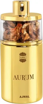 A close-up, studio shot of a gold perfume bottle.
