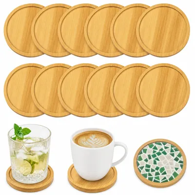 Image de Lot de 12 sous-verres en bois, diamètre 9,5 cm, forme ronde, en bois naturel