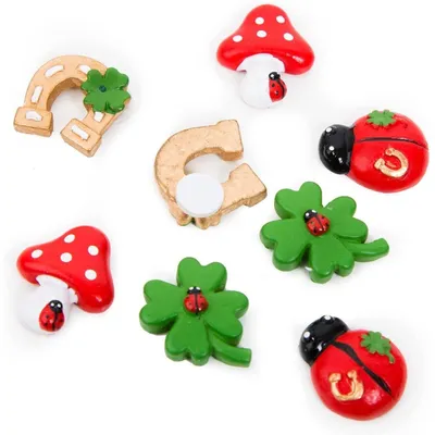 Produktbild von 8 kleine Glücksbringer Hufeisen Glückspilz Marienkäfer Kleeblatt 2 cm - Silvester Deko