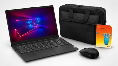 Produktbild von Lenovo Notebook 15" Intel i3-1315U, 16GB DDR5, 2 TB SSD, FHD, Win11 Pro + Office Starter, Tasche und Maus, KI-generiertes Bild