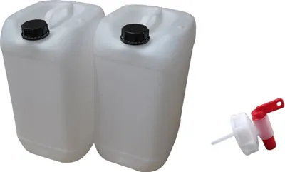 Produktbild von kanister-vertrieb® 2 Stück 25 Liter Kanister Camping Wasserkanister Farbe natur inkl. Auslaufhahn inkl. Etikett (2x25 knn + H.)
