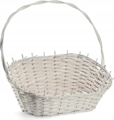 A white wicker basket with a handle against a white background.