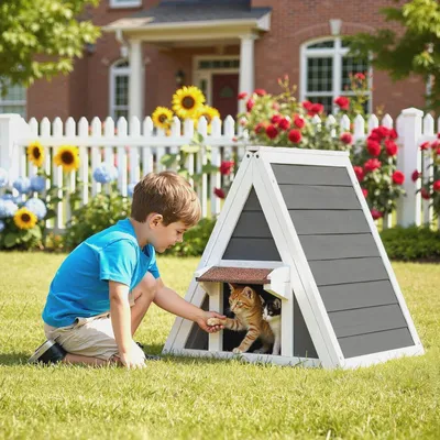Produktbild von Wetterfestes Katzenhaus 50 x 50 x 54 cm aus Holz, Katzenhütte Outdoor, Katzenhöhle mit Eingang und Fluchttür